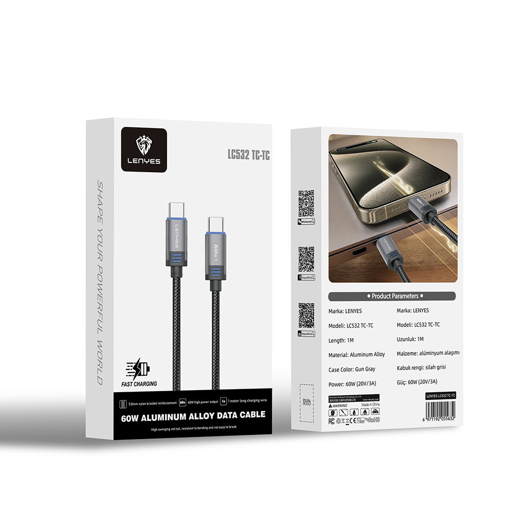 Lenyes LC532 Type-C to Type-C Hızlı Şarj Özellikli Data ve Şarj Kablosu 60W 1M Lenyes LC532 Type-C to Type-C Hızlı Şarj Özellikli Data ve Şarj Kablosu 60W 1M
